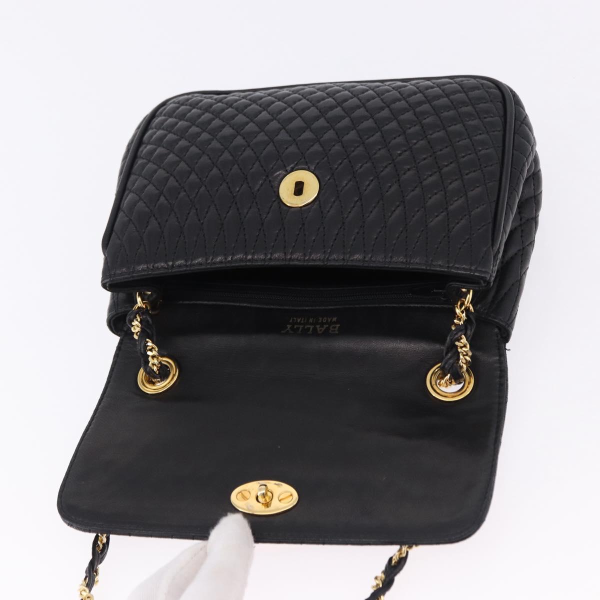 BALLY Quilted Chain Shoulder Bag Leather Black Gold Auth BA14306A