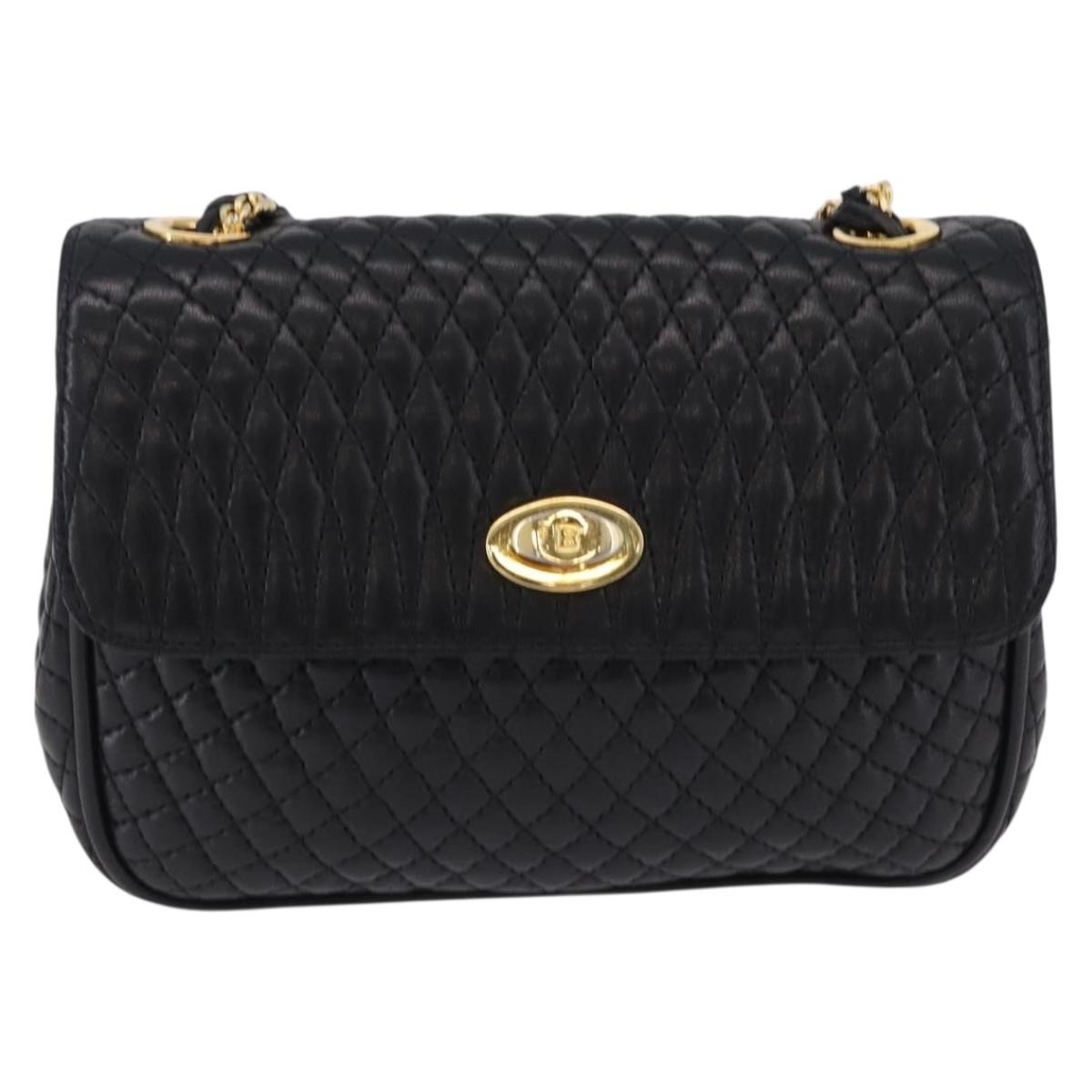 BALLY Quilted Chain Shoulder Bag Leather Black Gold Auth BA14306A