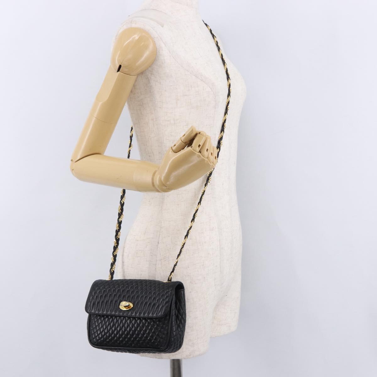 BALLY Quilted Chain Shoulder Bag Leather Black Gold Auth BA14306A