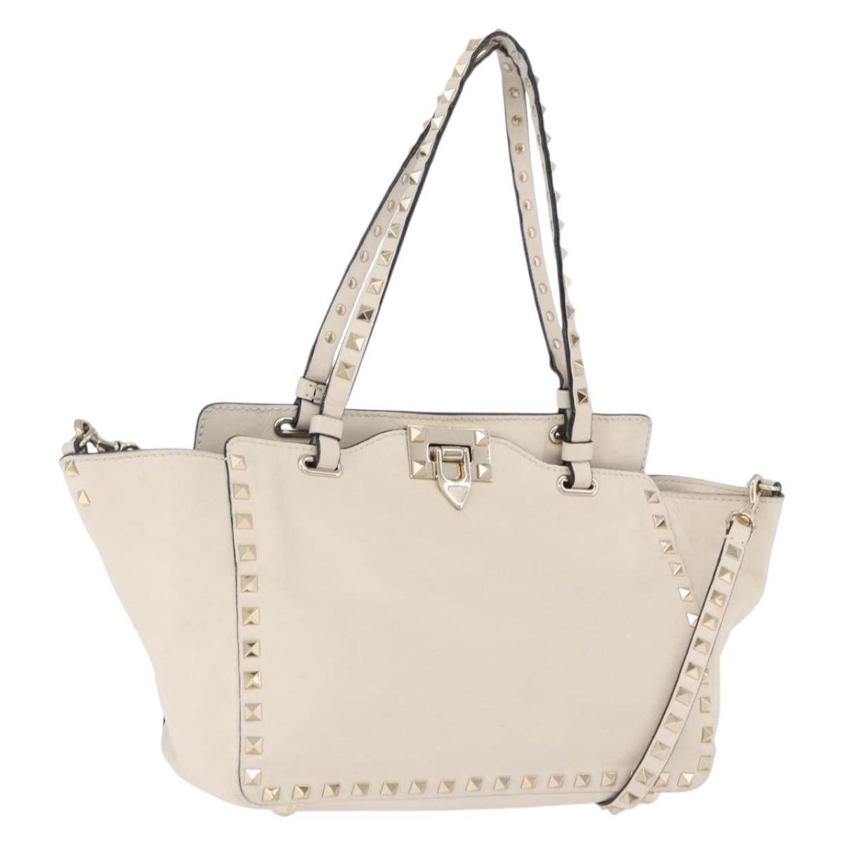 VALENTINO Hand Bag Leather 2way White Gold Auth BA14307