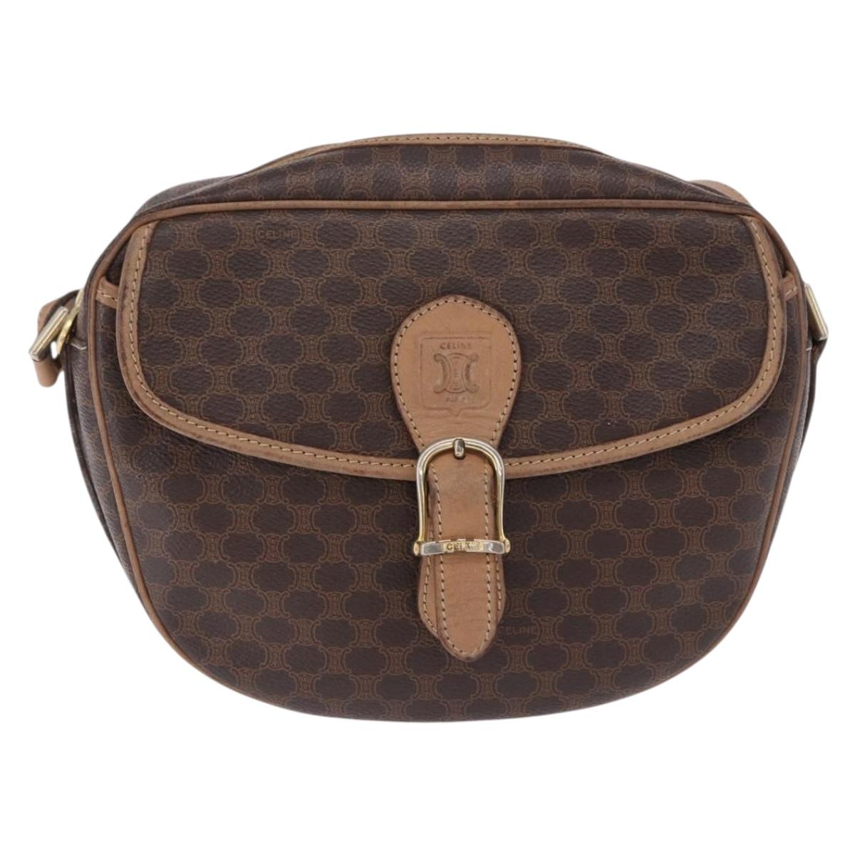CELINE Macadam Canvas Shoulder Bag PVC Leather Brown Gold Auth BA14313