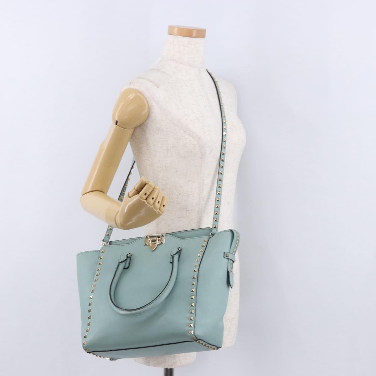 VALENTINO Hand Bag Leather 2way Light Blue Gold Auth BA14317