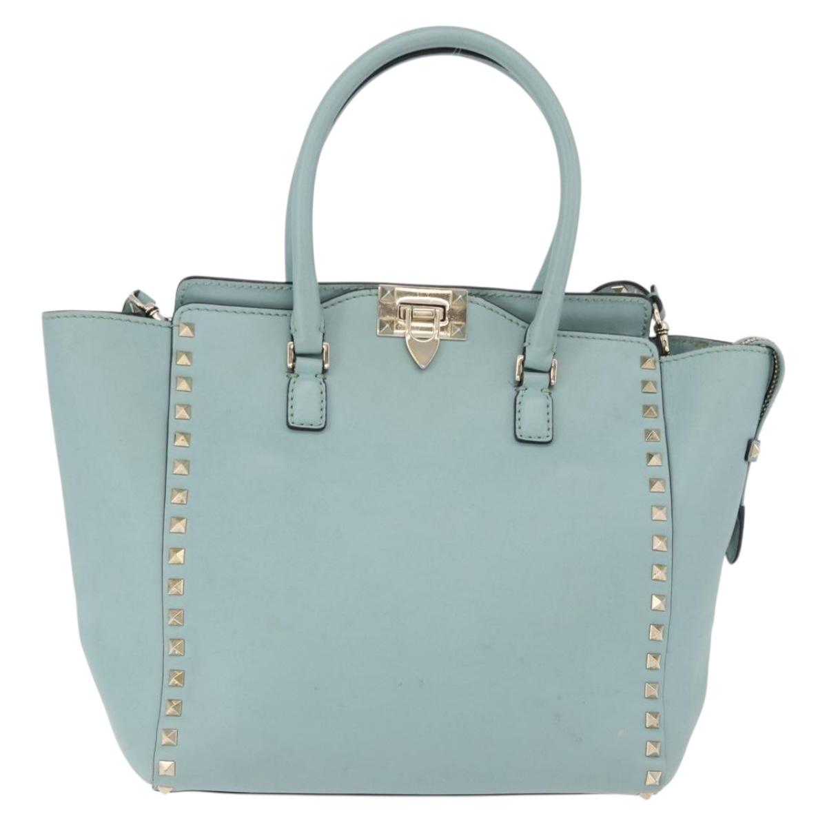 VALENTINO Hand Bag Leather 2way Light Blue Gold Auth BA14317