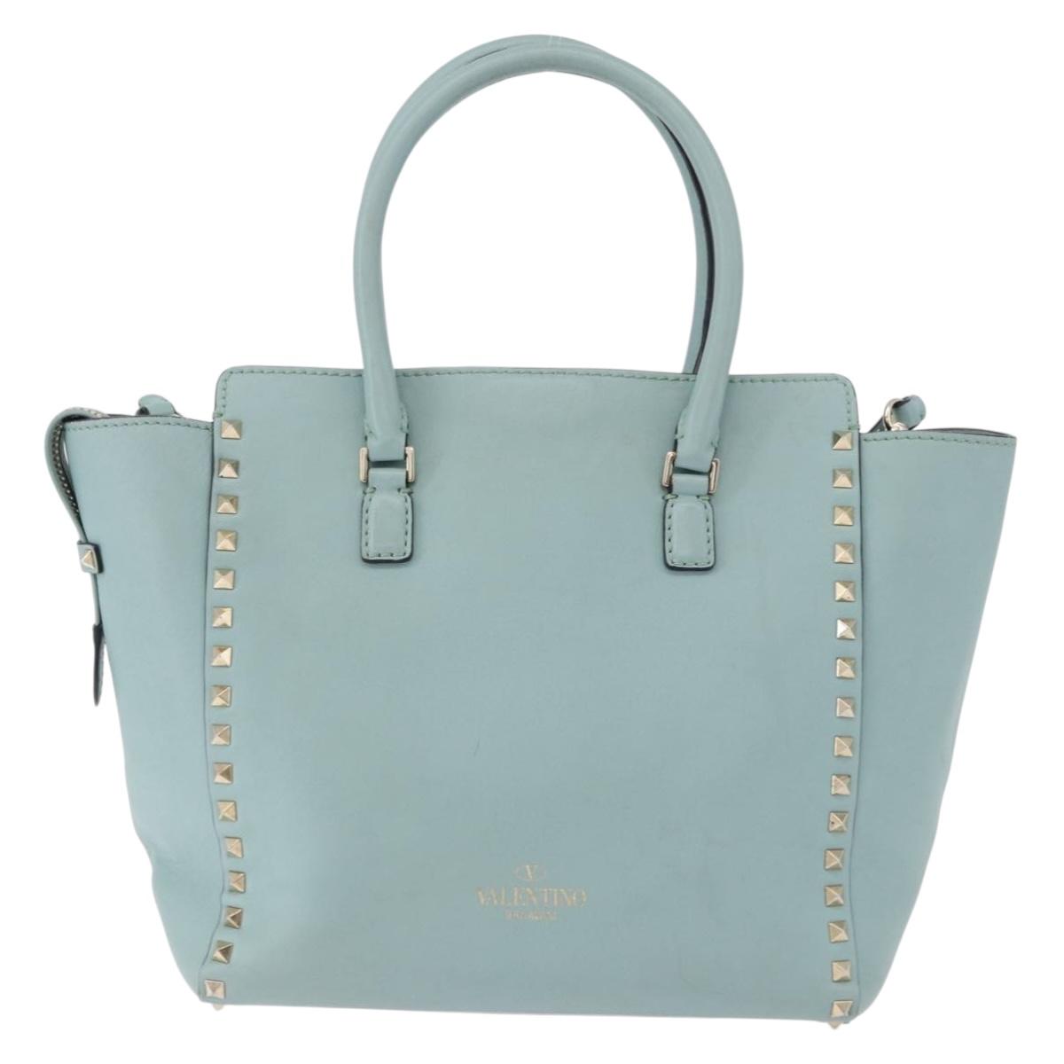 VALENTINO Hand Bag Leather 2way Light Blue Gold Auth BA14317