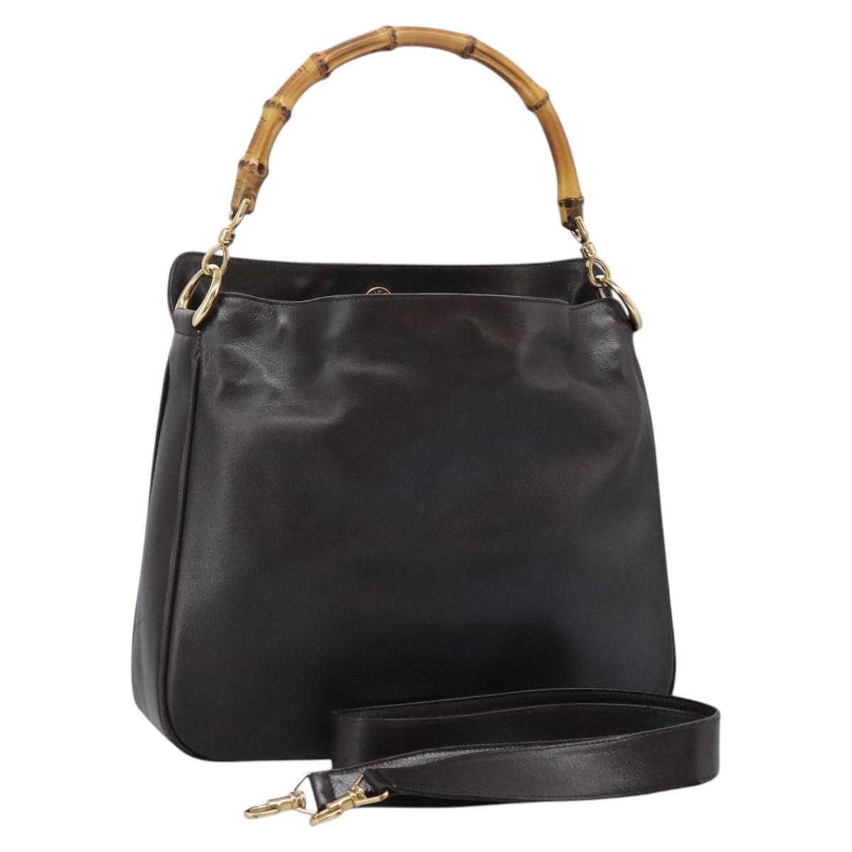 GUCCI Bamboo Hand Bag Leather Dark Brown Gold 001 3444 1638 Auth BA1434