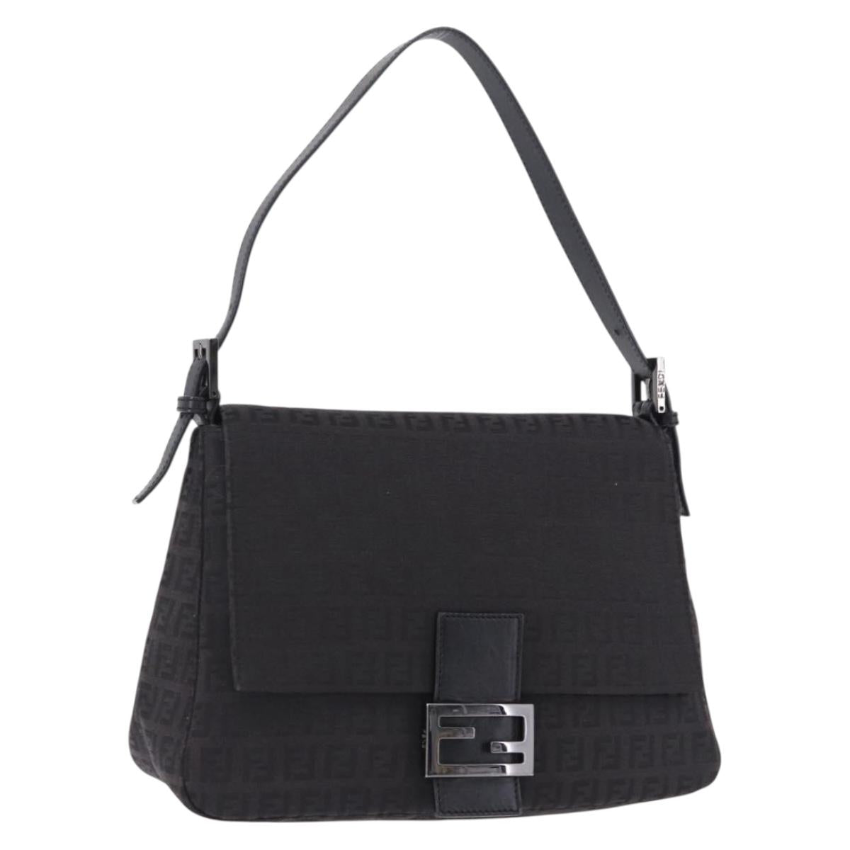 FENDI Zucchino Canvas Mamma Baguette Hand Bag Black Silver Auth BA14344