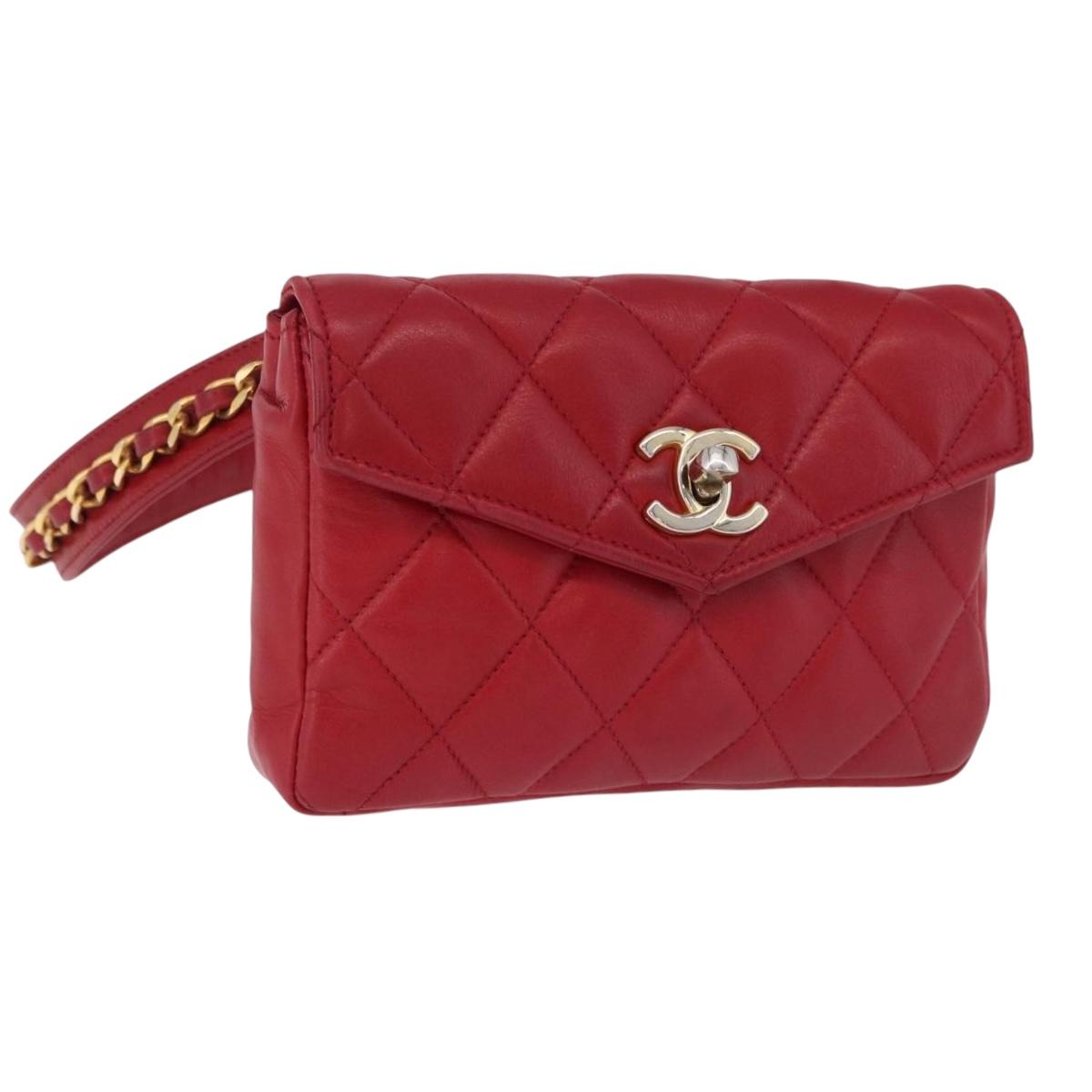 CHANEL Matelasse Waist bag Lamb Skin Red Gold CC Auth BA14358