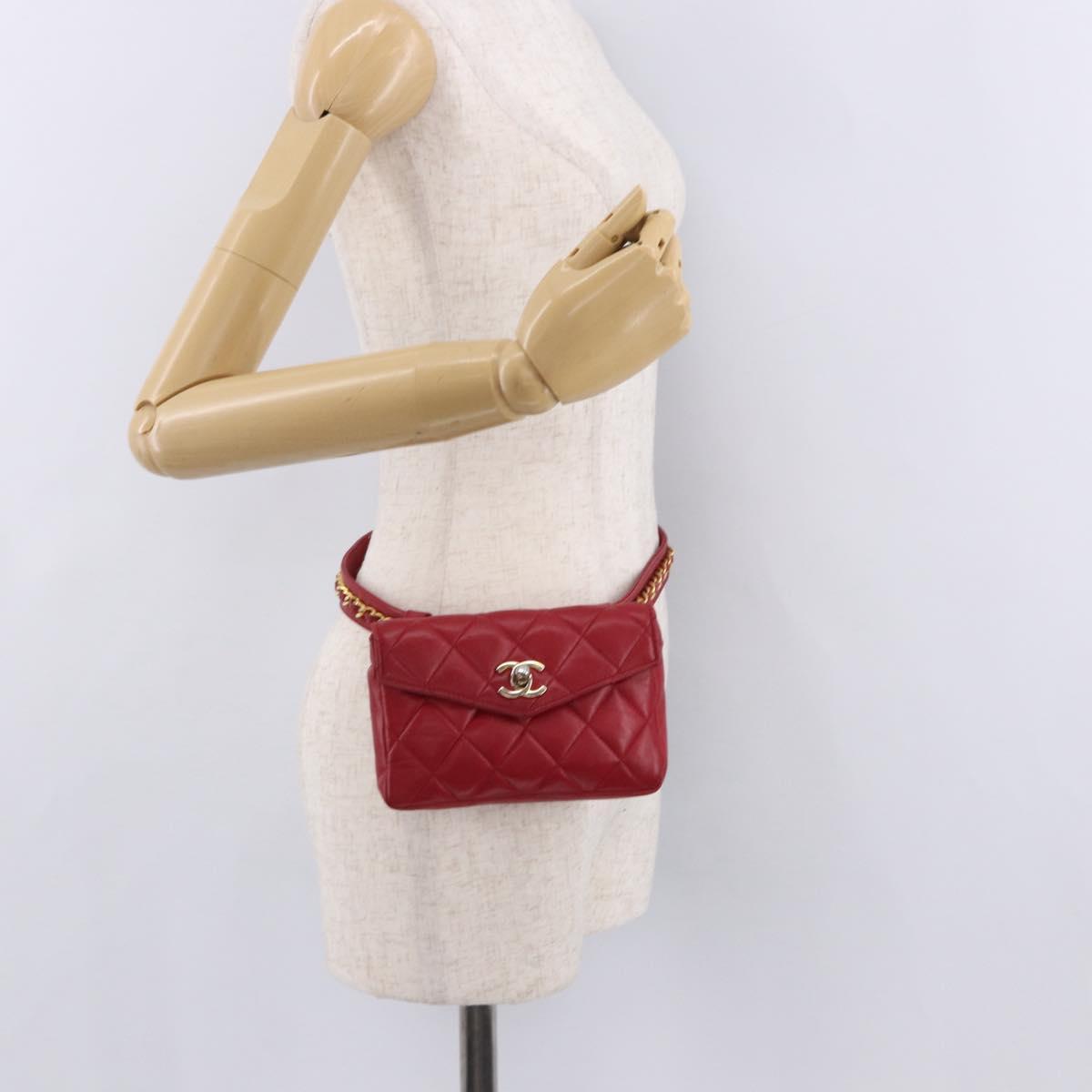 CHANEL Matelasse Waist bag Lamb Skin Red Gold CC Auth BA14358