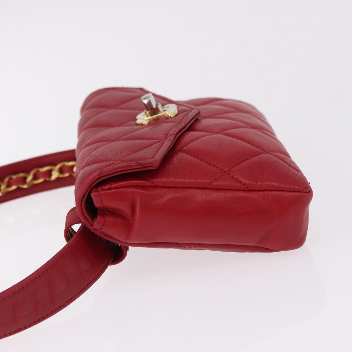 CHANEL Matelasse Waist bag Lamb Skin Red Gold CC Auth BA14358