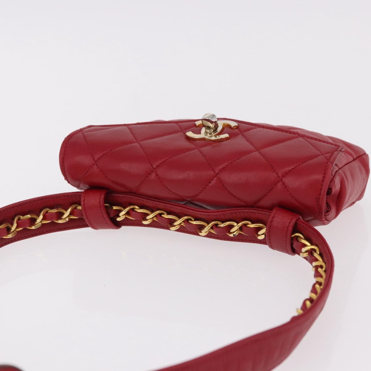 CHANEL Matelasse Waist bag Lamb Skin Red Gold CC Auth BA14358