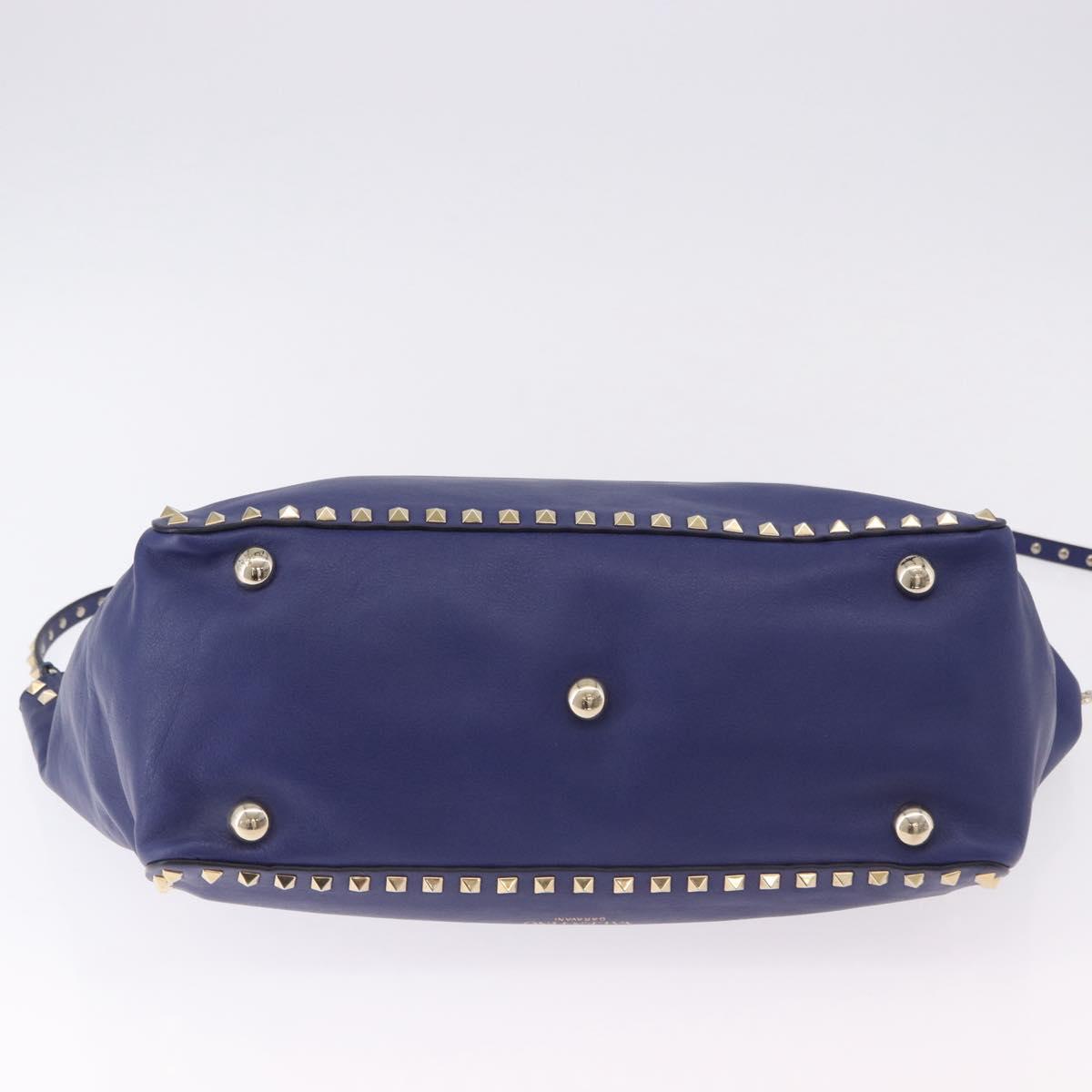 VALENTINO Rock Studs Hand Bag Leather 2way Blue Gold Auth BA14368