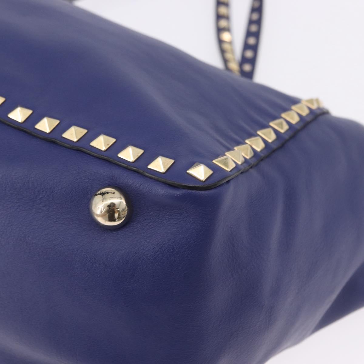 VALENTINO Rock Studs Hand Bag Leather 2way Blue Gold Auth BA14368