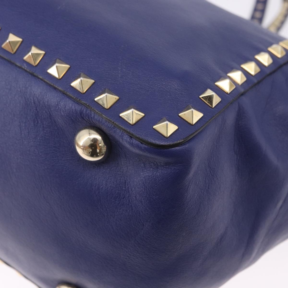 VALENTINO Rock Studs Hand Bag Leather 2way Blue Gold Auth BA14368