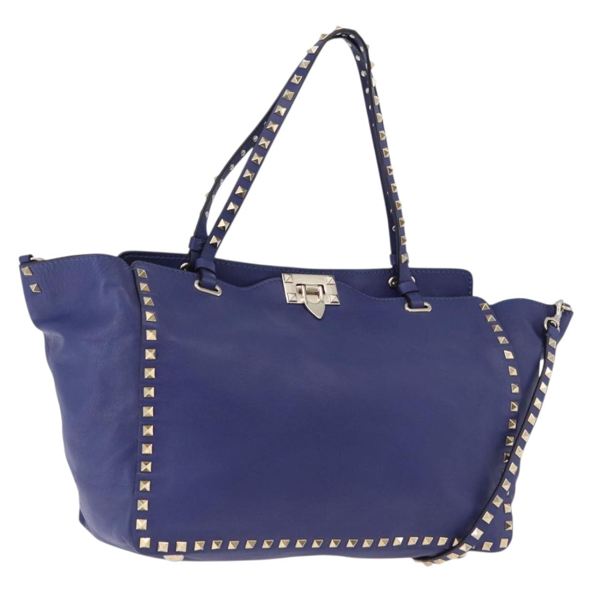 VALENTINO Rock Studs Hand Bag Leather 2way Blue Gold Auth BA14368