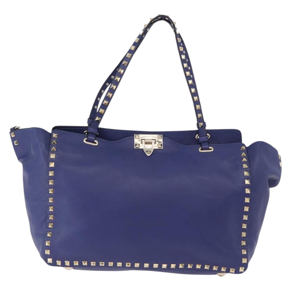 VALENTINO Rock Studs Hand Bag Leather 2way Blue Gold Auth BA14368