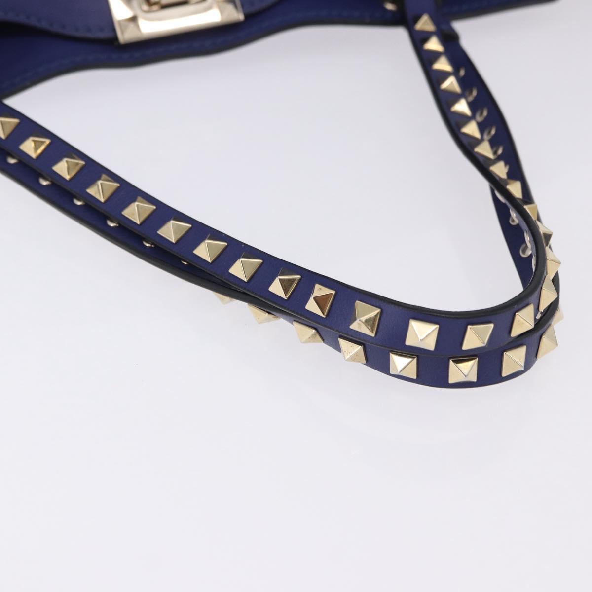 VALENTINO Rock Studs Hand Bag Leather 2way Blue Gold Auth BA14368