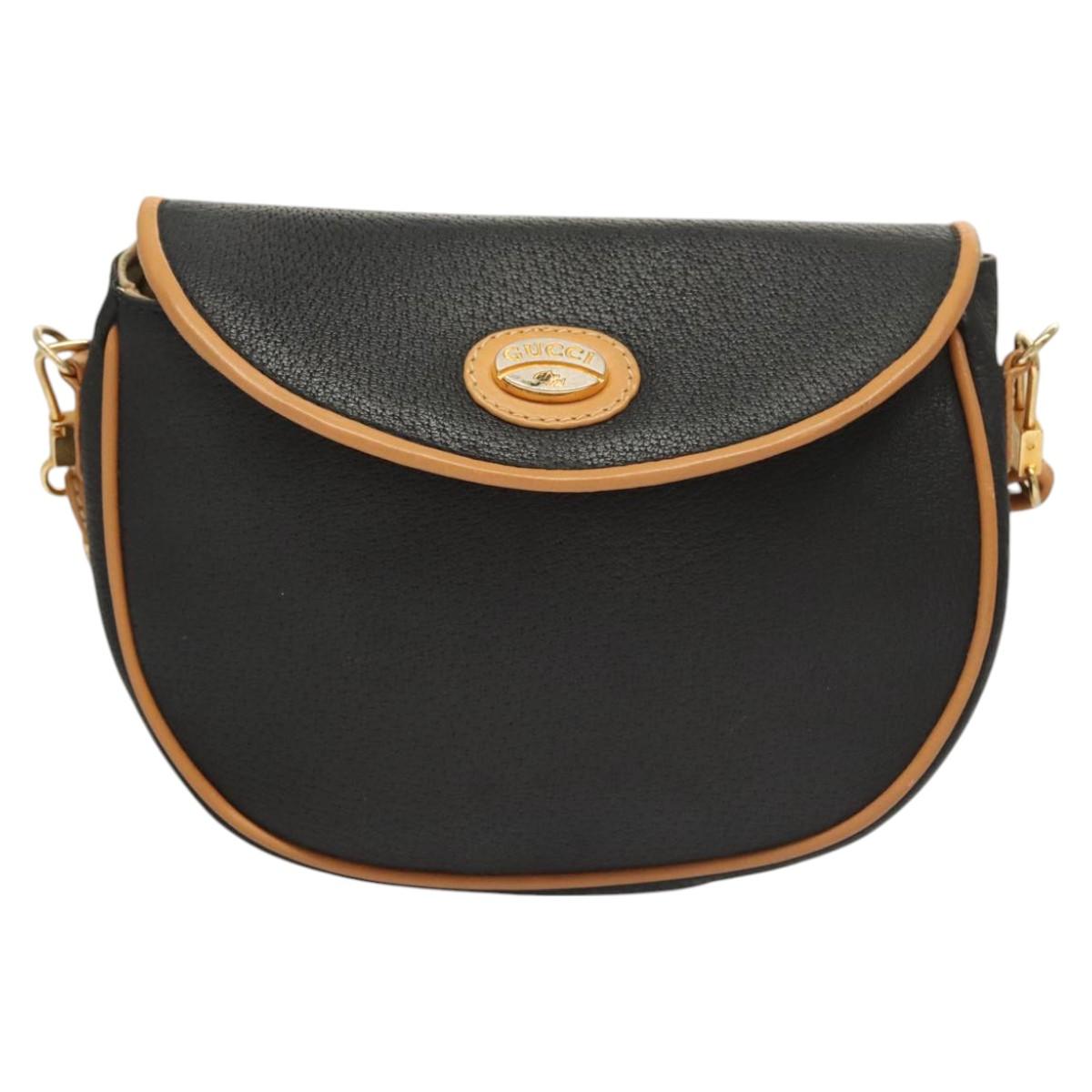 GUCCI Shoulder Bag Leather Black Gold Auth BA1437