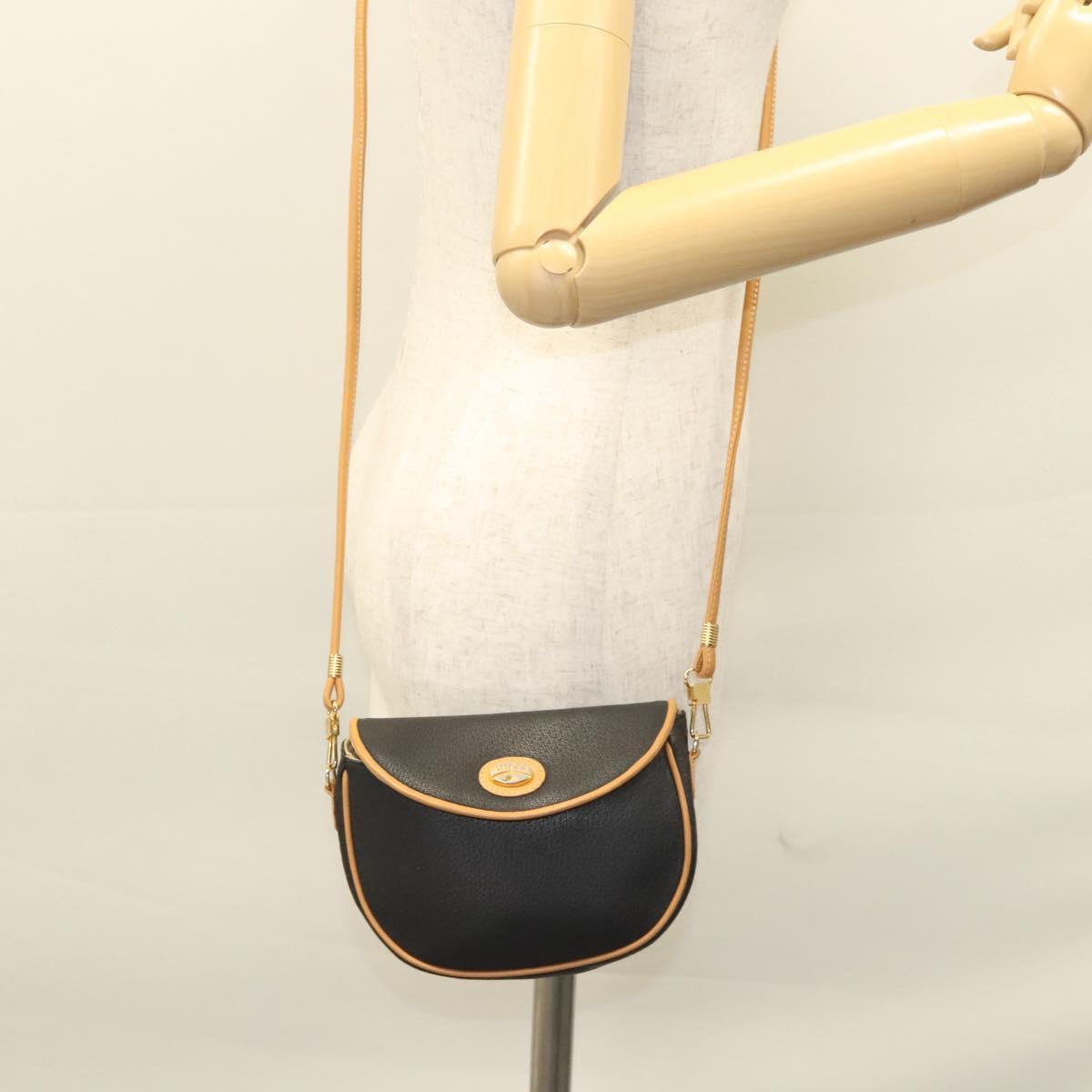 GUCCI Shoulder Bag Leather Black Gold Auth BA1437