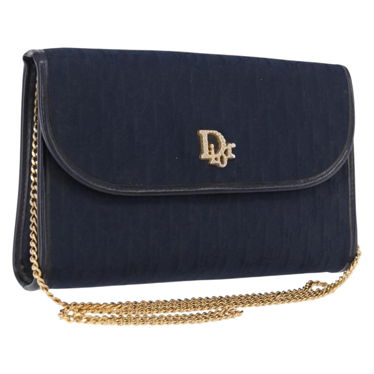 Christian Dior Trotter Canvas Chain Shoulder Bag Navy Gold Auth BA14376