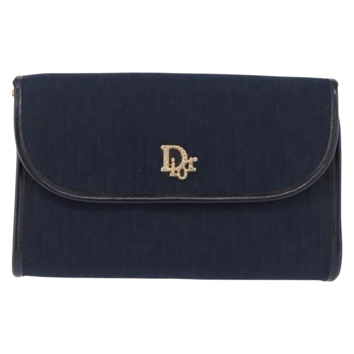 Christian Dior Trotter Canvas Chain Shoulder Bag Navy Gold Auth BA14376