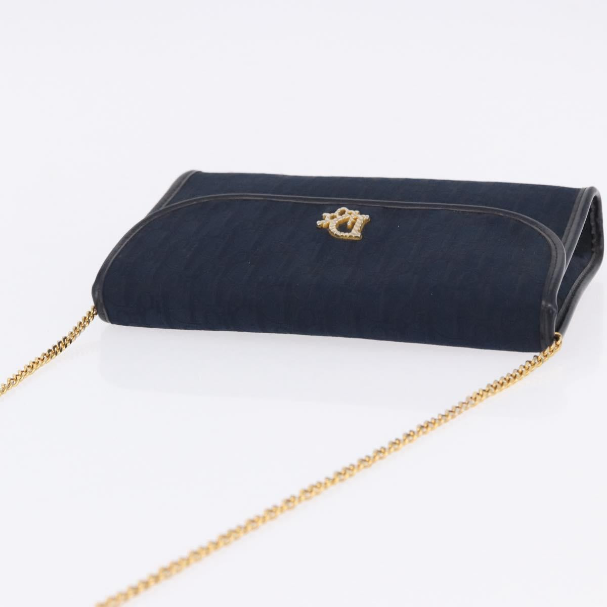 Christian Dior Trotter Canvas Chain Shoulder Bag Navy Gold Auth BA14376