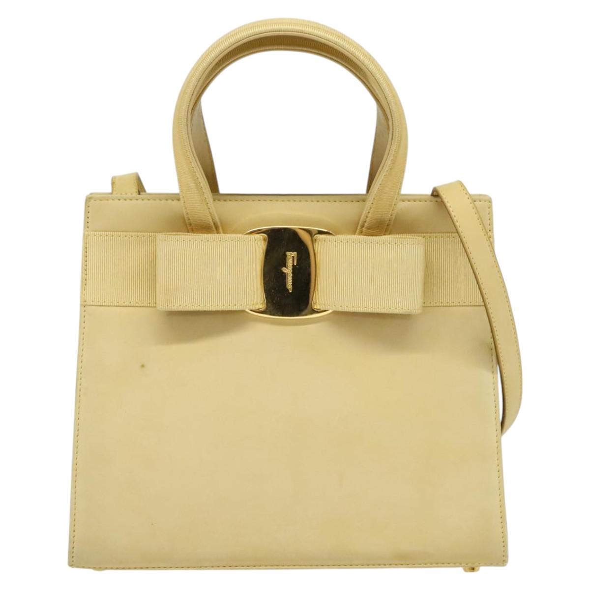 Salvatore Ferragamo Vala Hand Bag Suede Beige Gold Auth BA1438