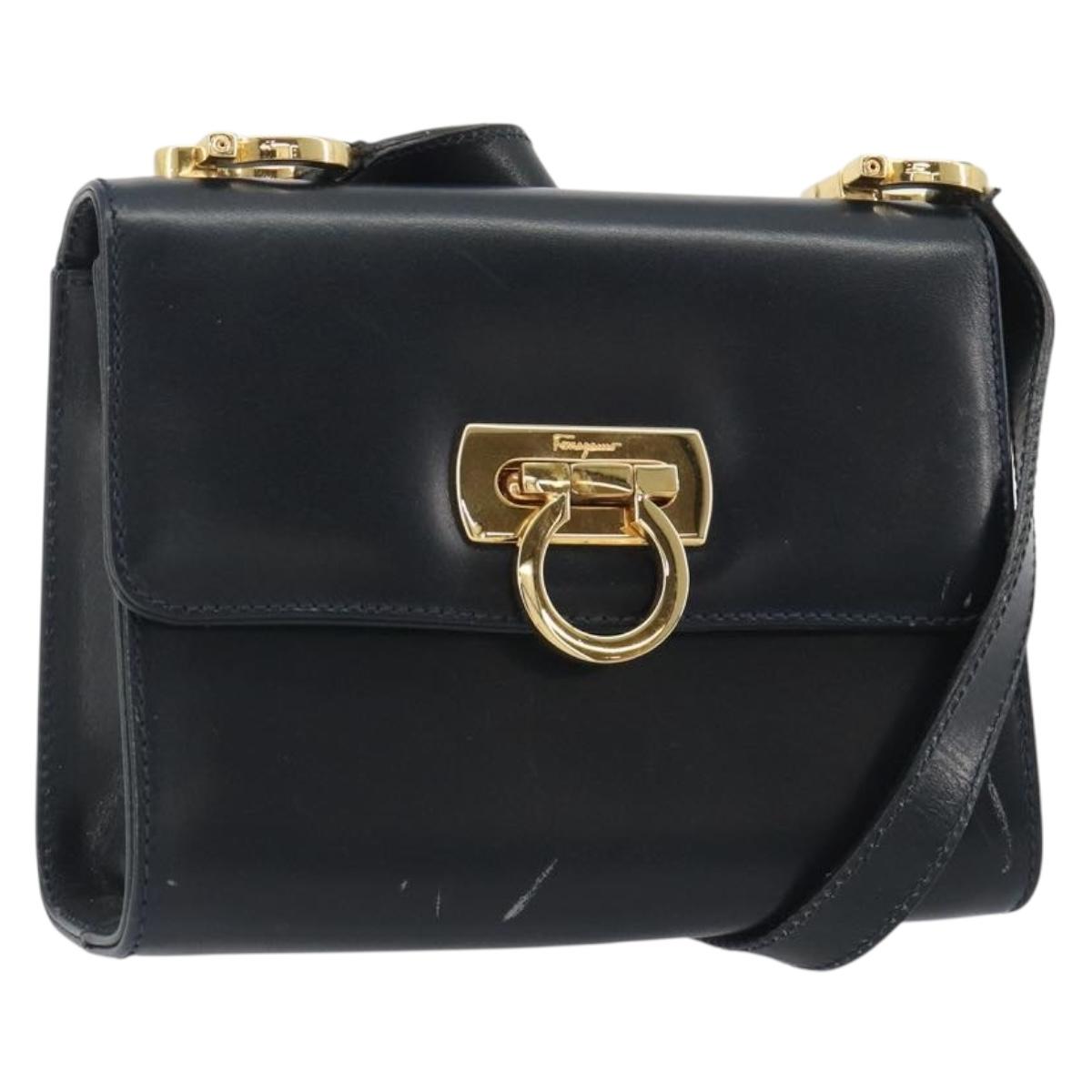 Salvatore Ferragamo Gancini Shoulder Bag Leather Navy Gold Auth BA14387