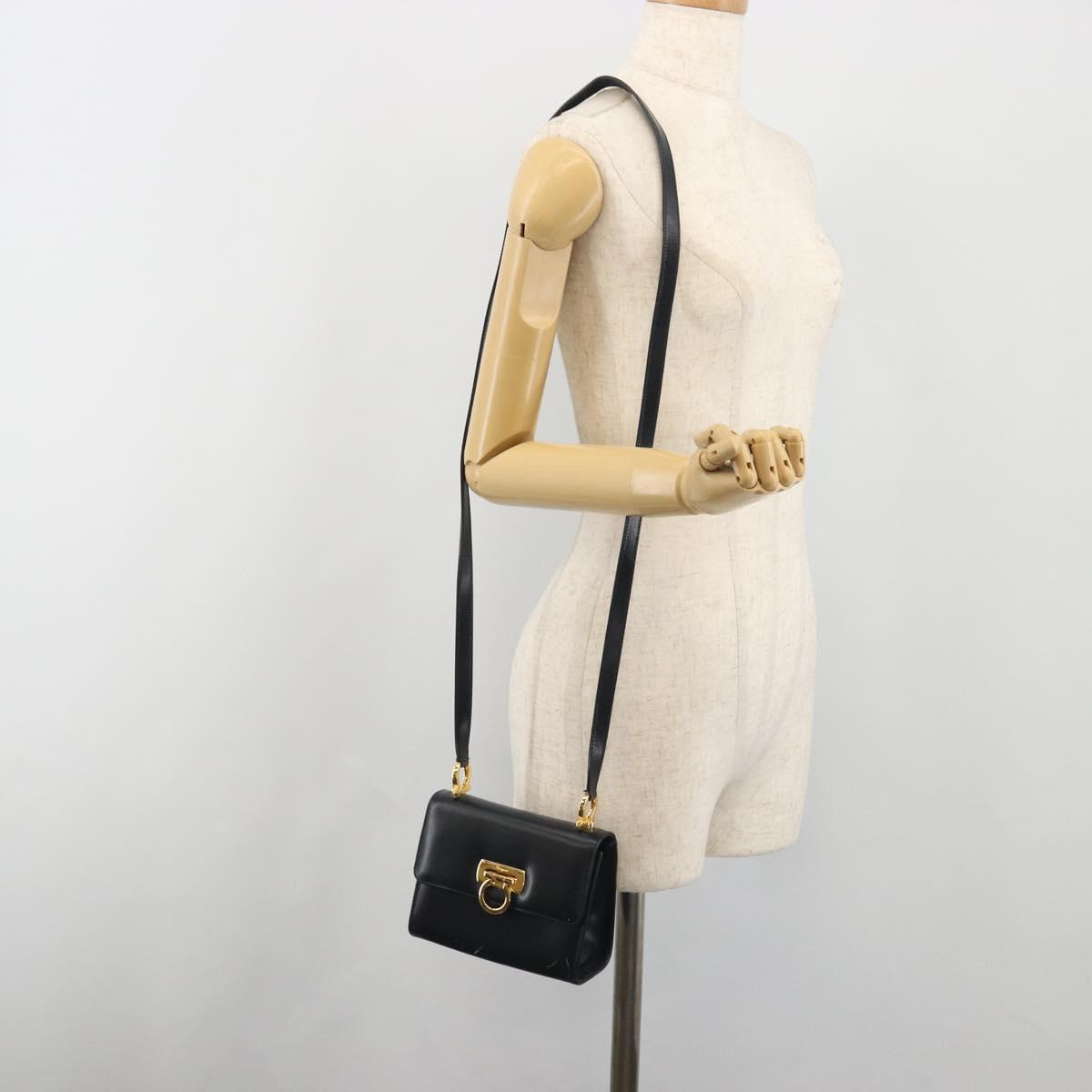 Salvatore Ferragamo Gancini Shoulder Bag Leather Navy Gold Auth BA14387