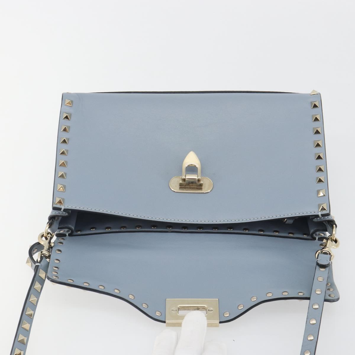 VALENTINO Rock Studs Hand Bag Leather 2way Light Blue Gold Auth BA14388