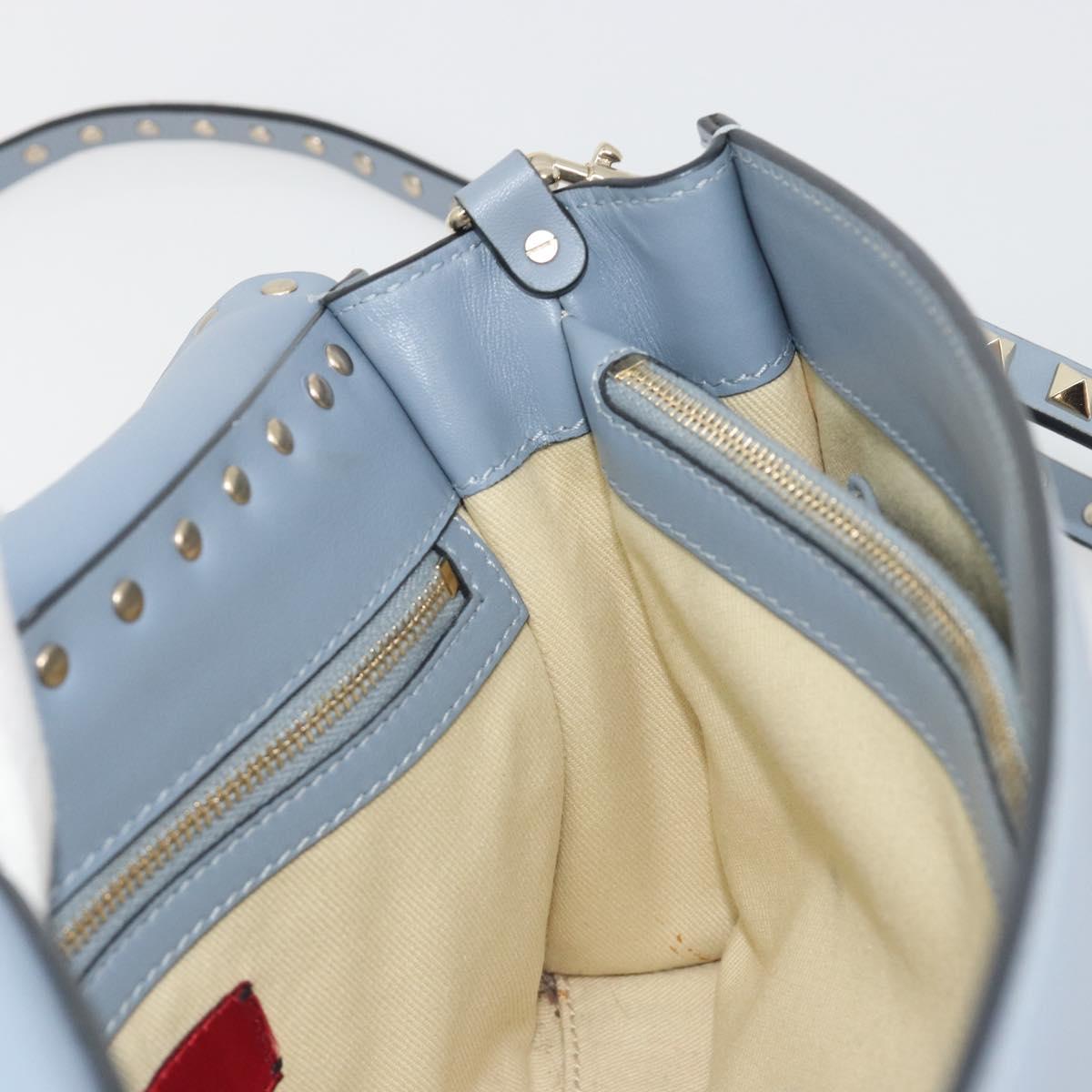 VALENTINO Rock Studs Hand Bag Leather 2way Light Blue Gold Auth BA14388