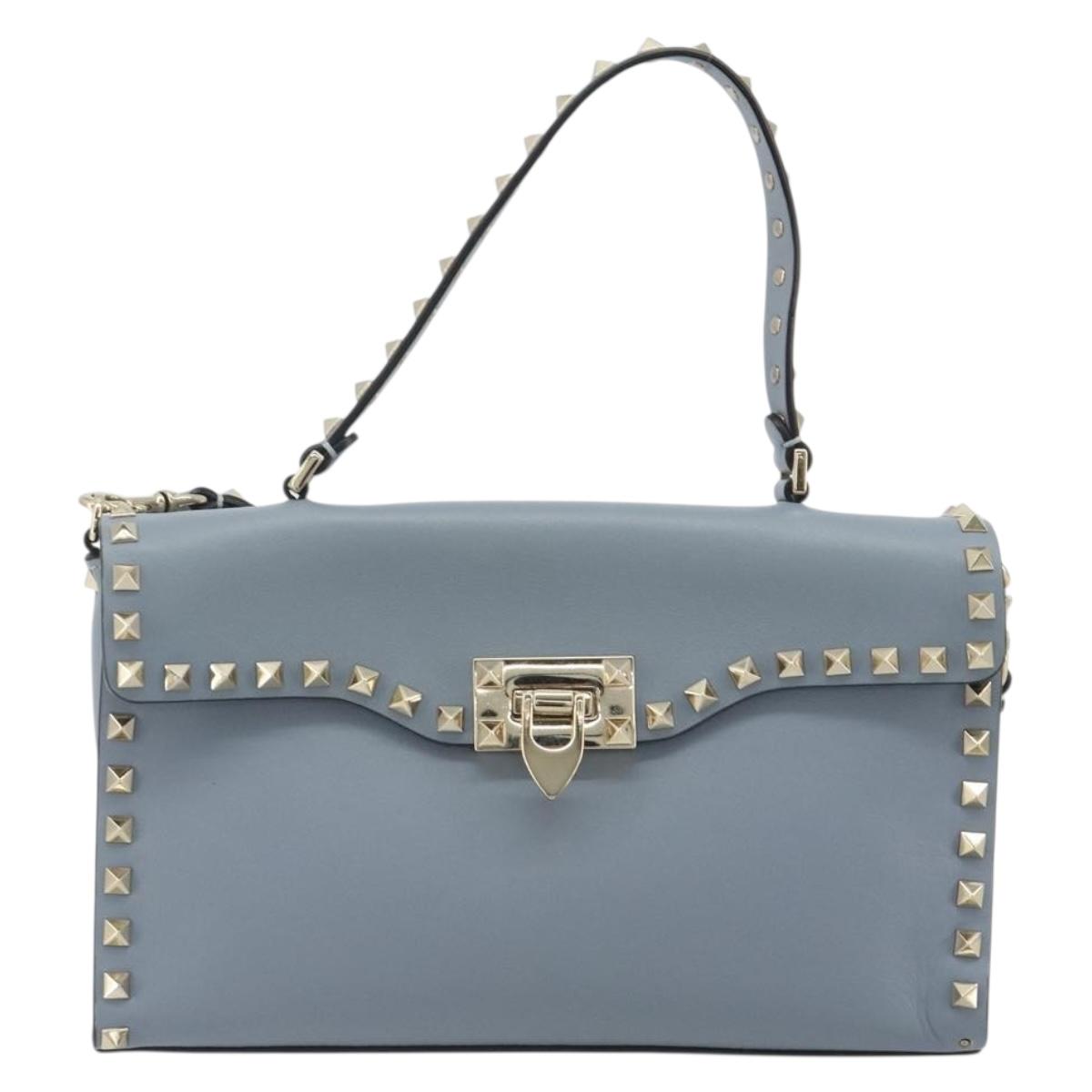 VALENTINO Rock Studs Hand Bag Leather 2way Light Blue Gold Auth BA14388