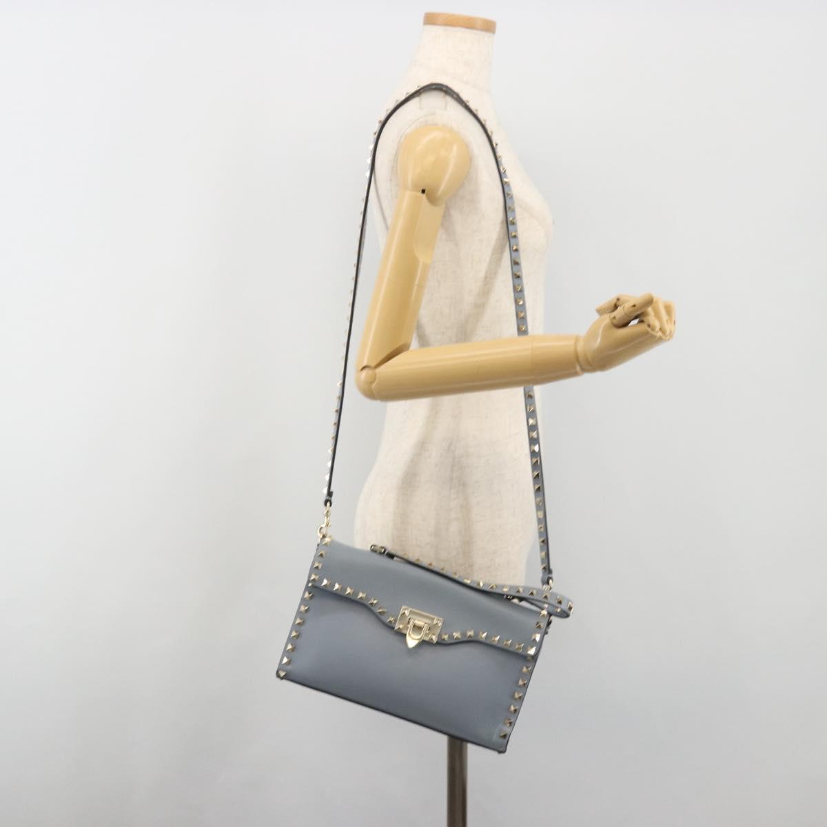 VALENTINO Rock Studs Hand Bag Leather 2way Light Blue Gold Auth BA14388