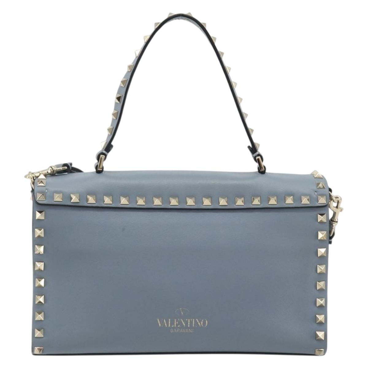 VALENTINO Rock Studs Hand Bag Leather 2way Light Blue Gold Auth BA14388
