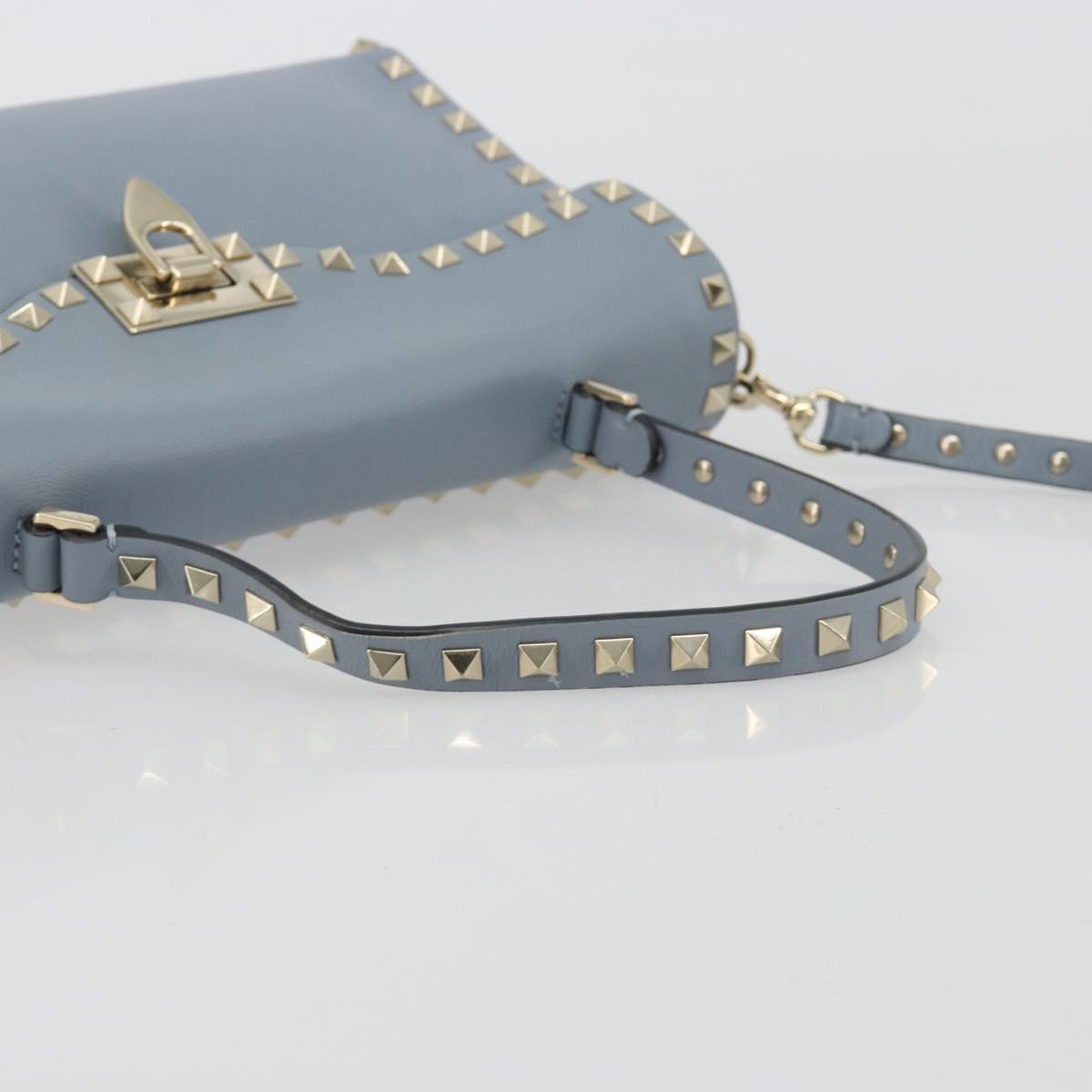 VALENTINO Rock Studs Hand Bag Leather 2way Light Blue Gold Auth BA14388