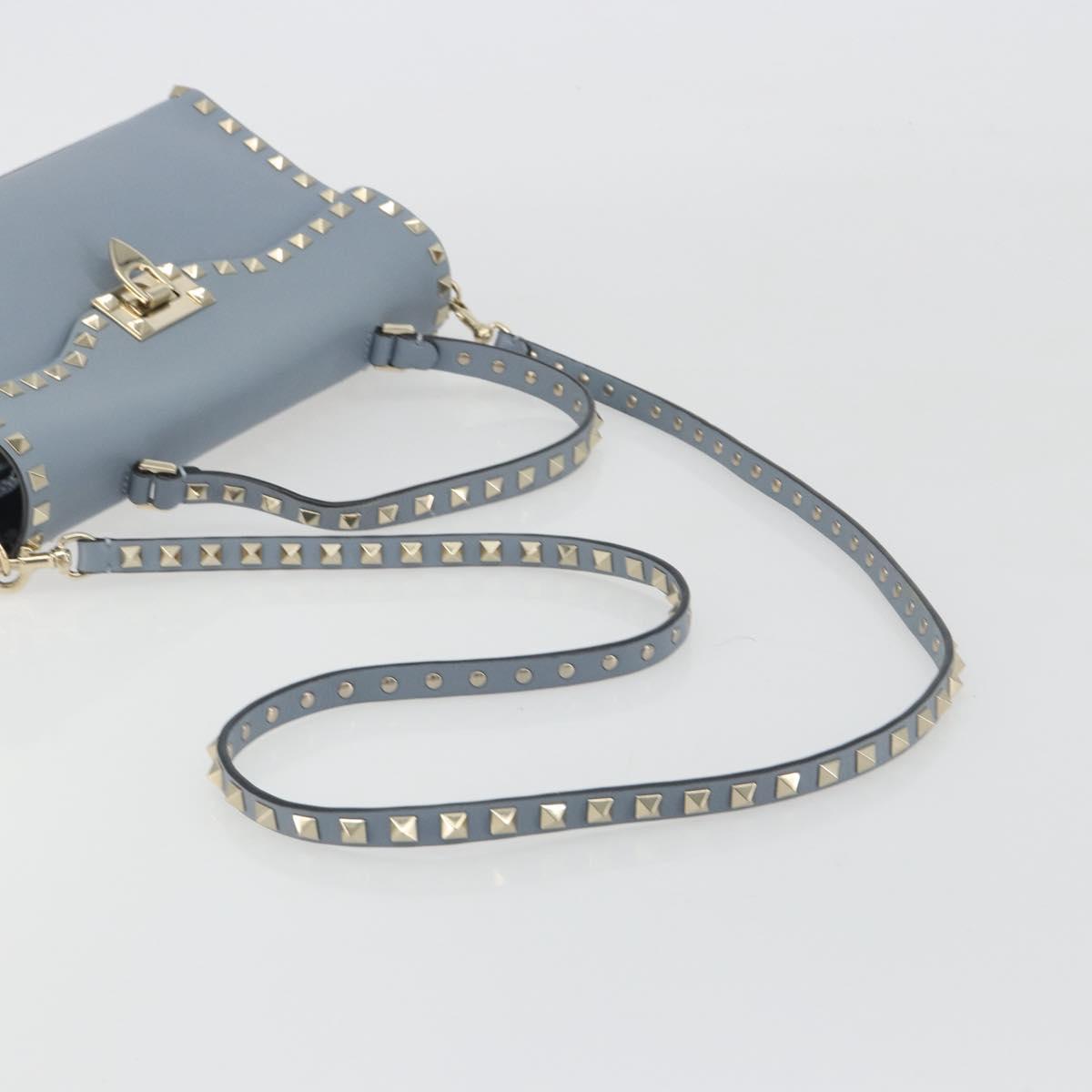 VALENTINO Rock Studs Hand Bag Leather 2way Light Blue Gold Auth BA14388