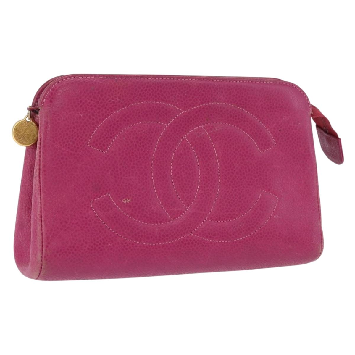 CHANEL COCO Mark Pouch Caviar Skin Pink Gold CC Auth BA14390A