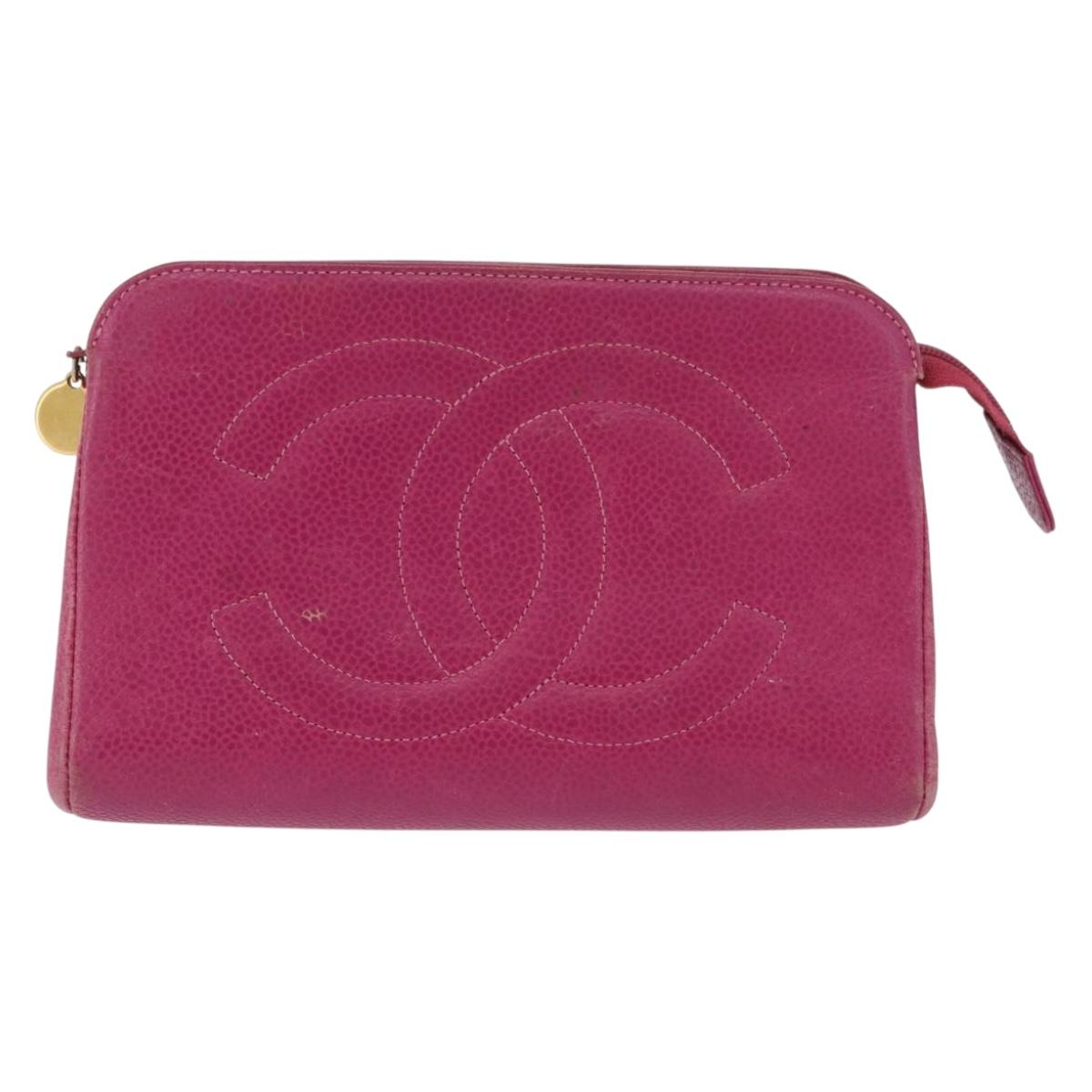 CHANEL COCO Mark Pouch Caviar Skin Pink Gold CC Auth BA14390A