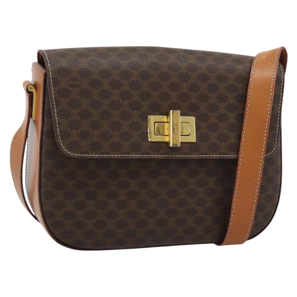 CELINE Macadam Canvas Shoulder Bag PVC Leather Brown Gold Auth BA14393