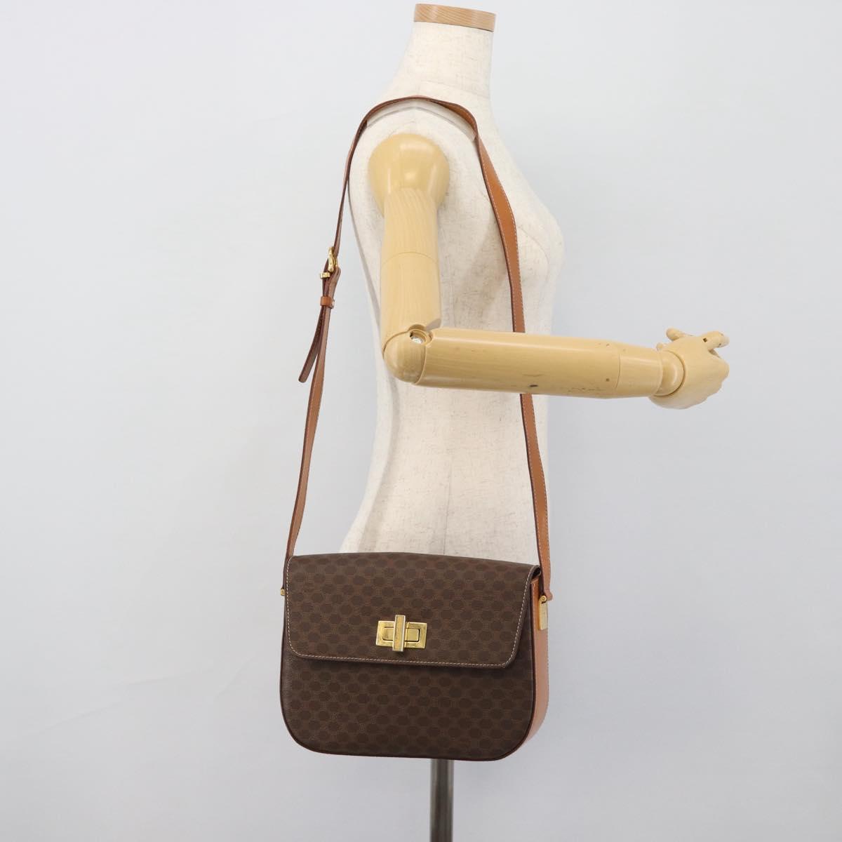 CELINE Macadam Canvas Shoulder Bag PVC Leather Brown Gold Auth BA14393