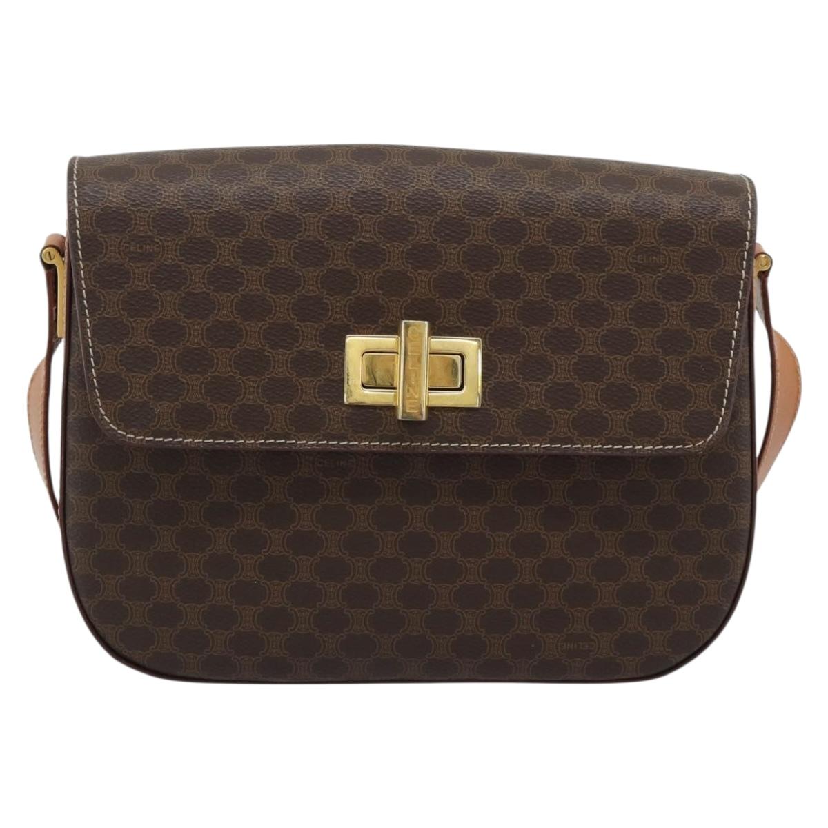 CELINE Macadam Canvas Shoulder Bag PVC Leather Brown Gold Auth BA14393