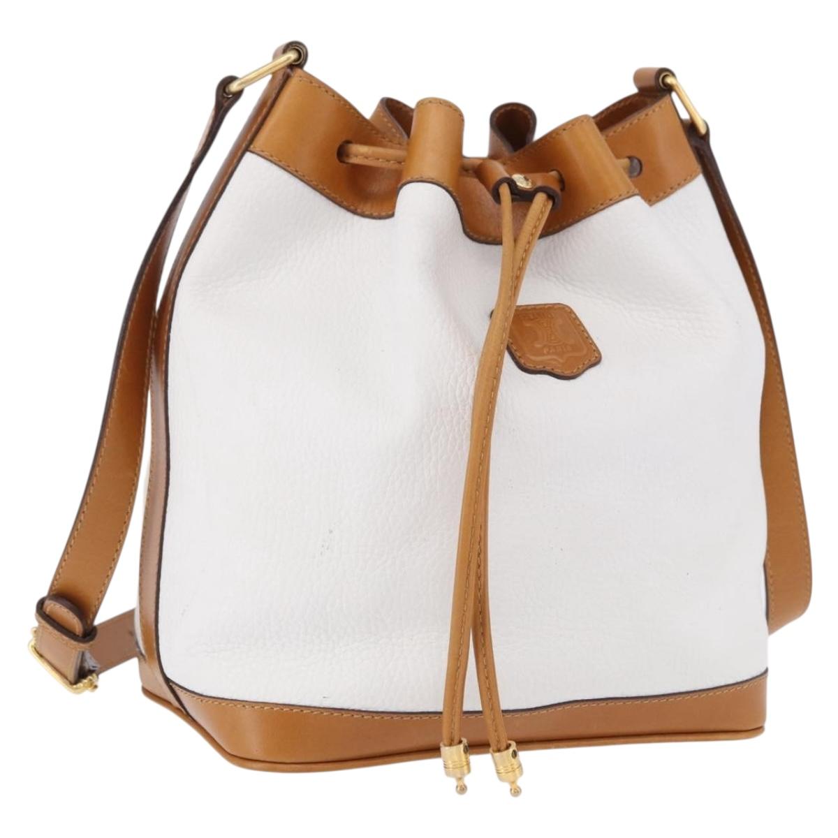 CELINE Shoulder Bag Leather White Gold Auth BA14401A