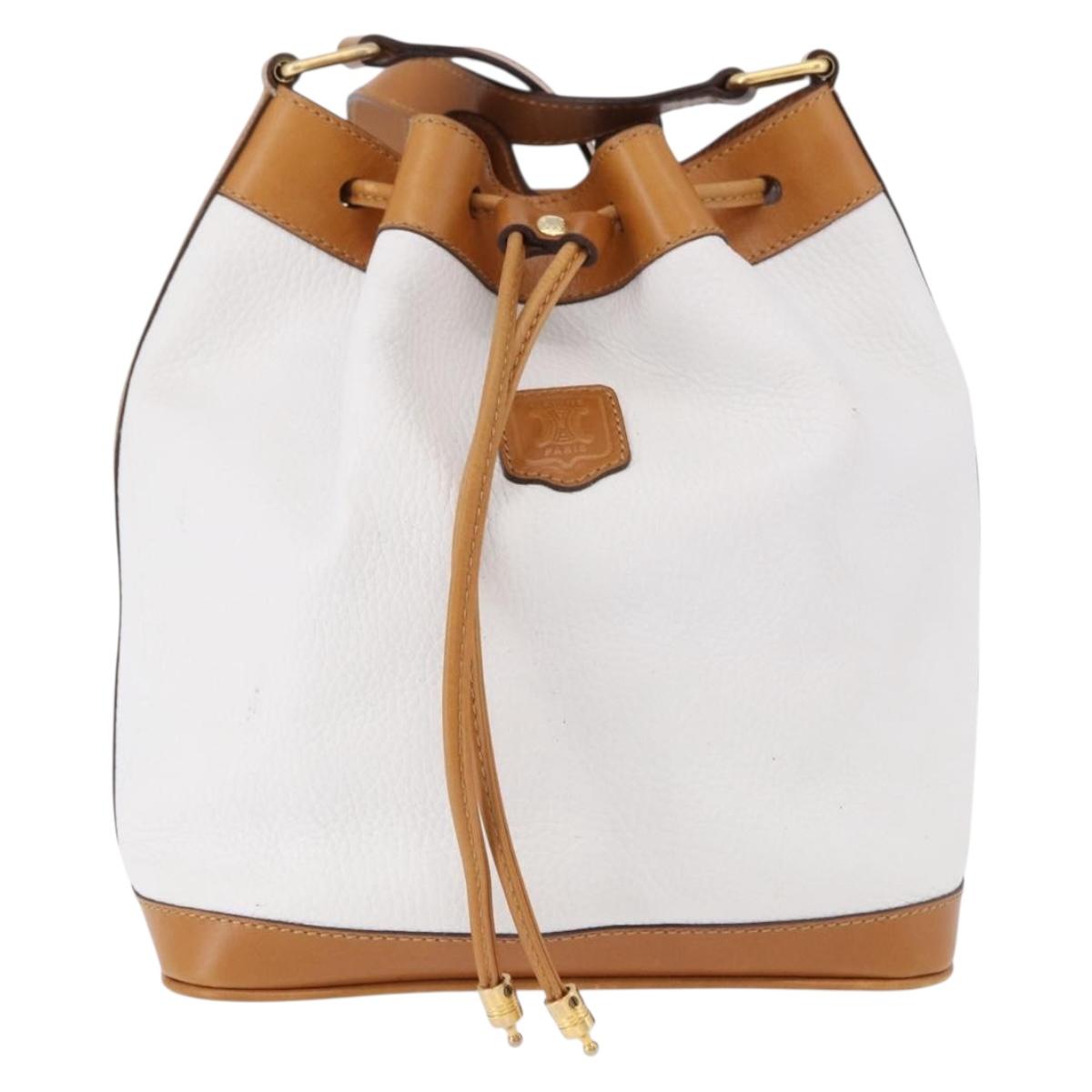 CELINE Shoulder Bag Leather White Gold Auth BA14401A