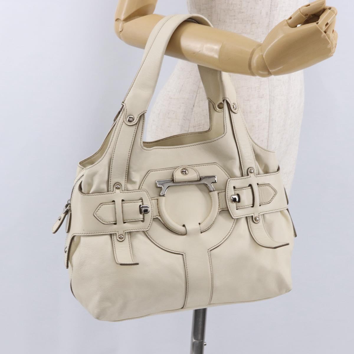 Salvatore Ferragamo Gancini Hand Bag Leather White Gold Auth BA14402