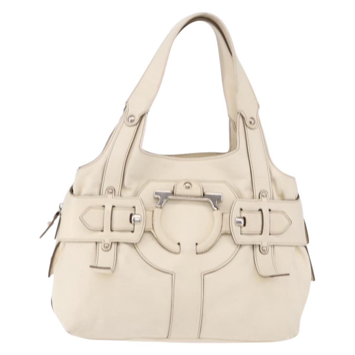 Salvatore Ferragamo Gancini Hand Bag Leather White Gold Auth BA14402
