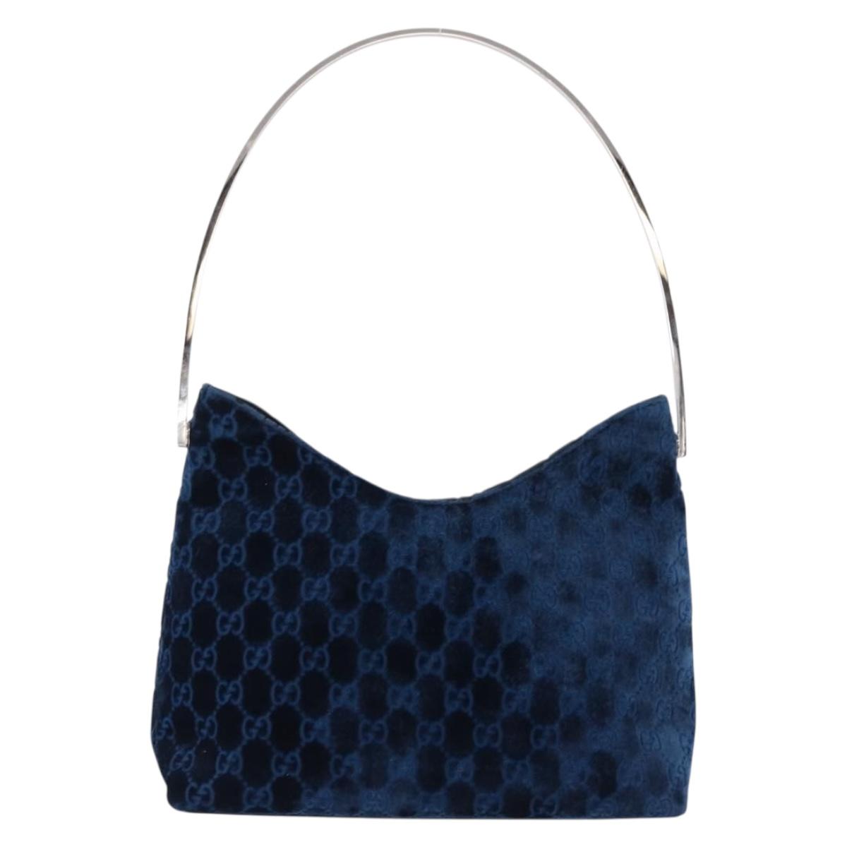 GUCCI GG Supreme Shoulder Bag Suede Blue Silver Auth BA14427A