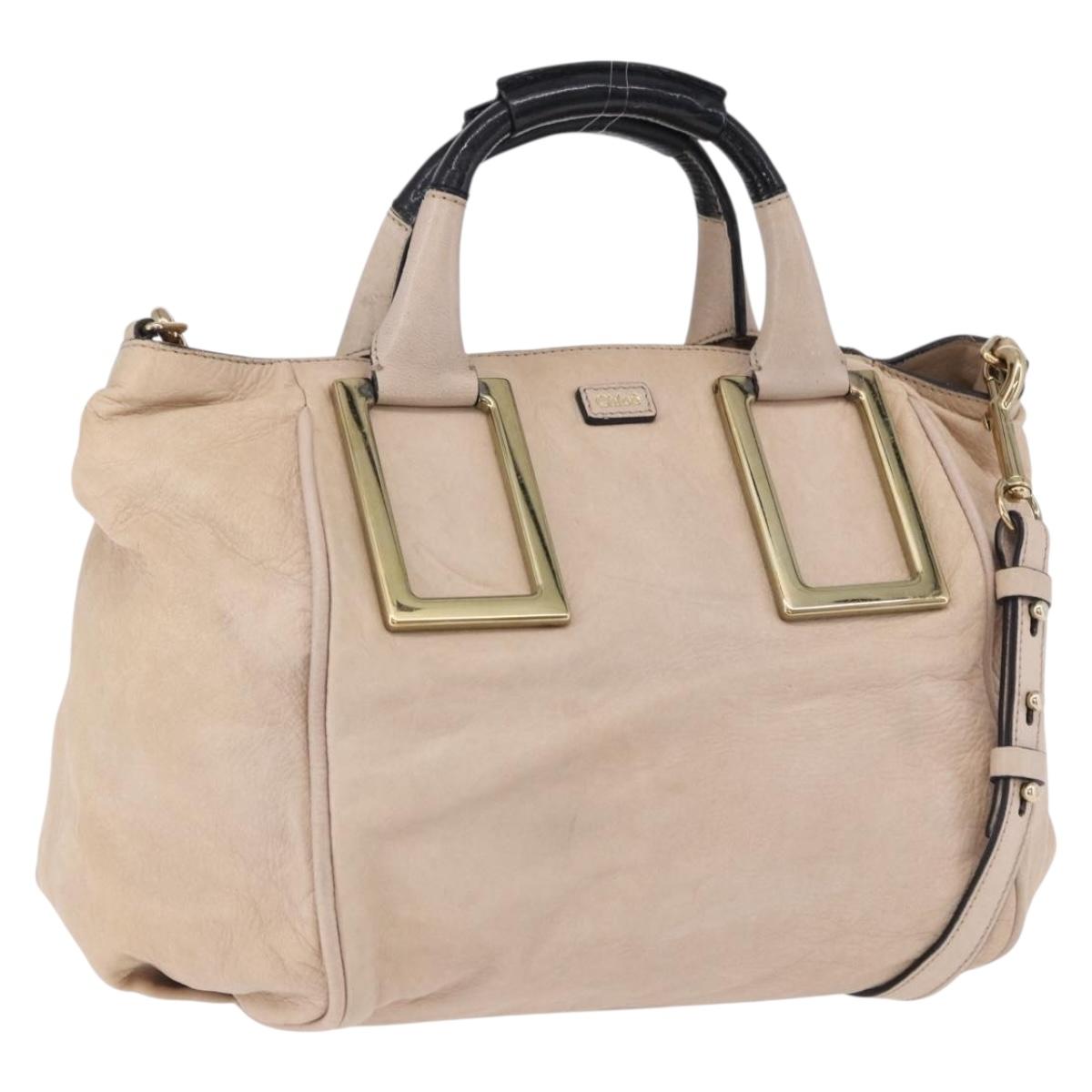 Chloe Etel Hand Bag Leather 2way Beige Gold Auth BA14456