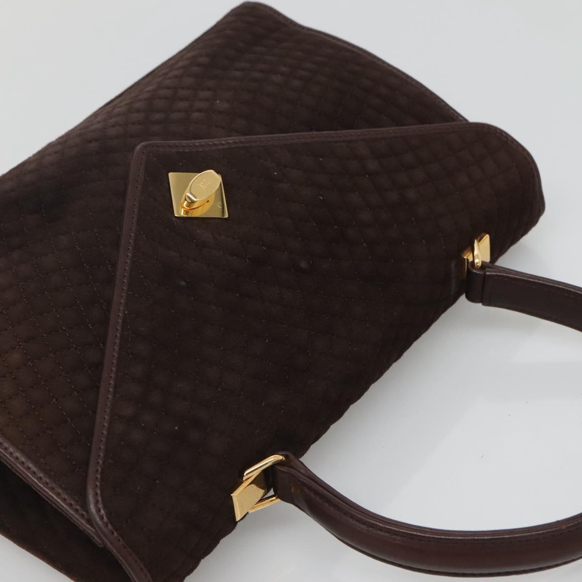 BALLY Quilted Hand Bag Suede Dark Brown Gold Auth BA1446