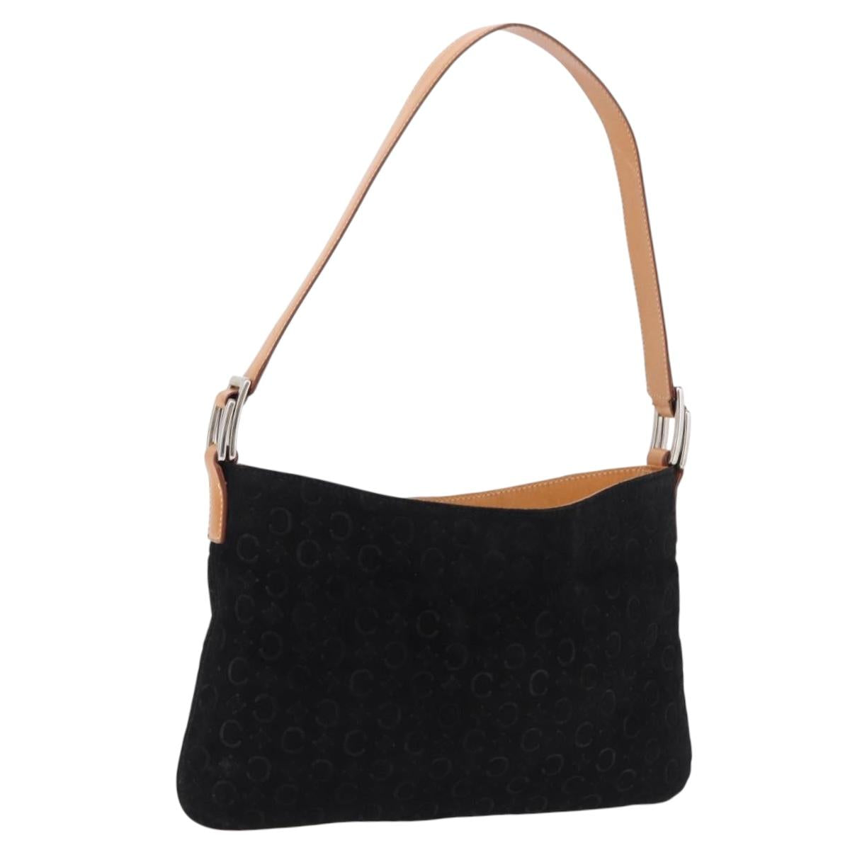 CELINE C Macadam Canvas Hand Bag Suede Black Silver Auth BA14469A