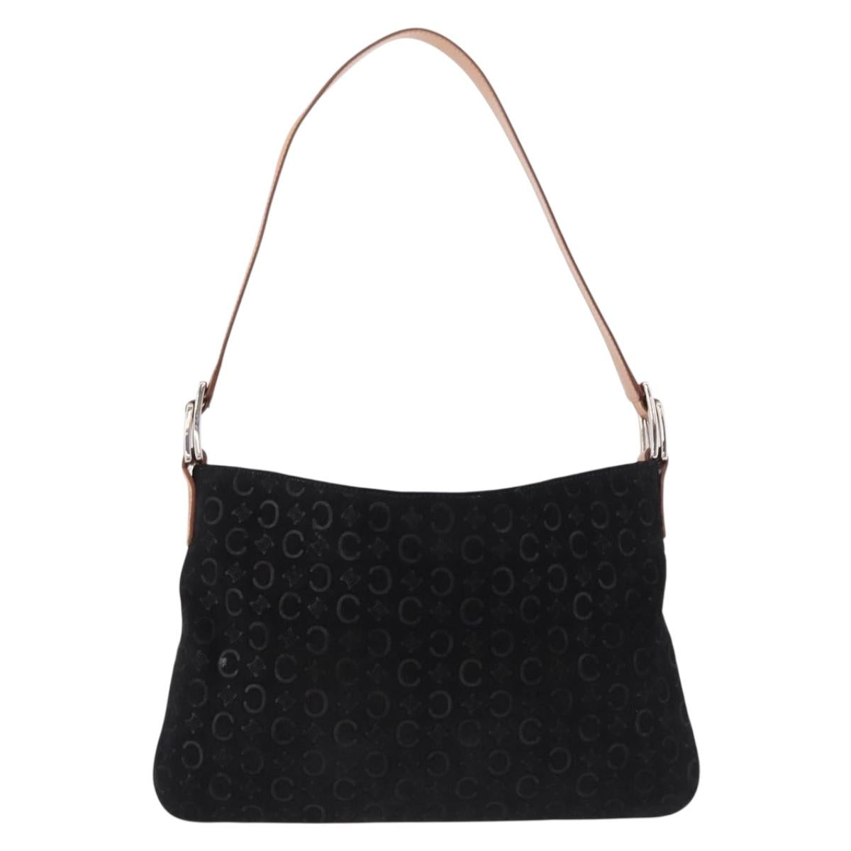 CELINE C Macadam Canvas Hand Bag Suede Black Silver Auth BA14469A