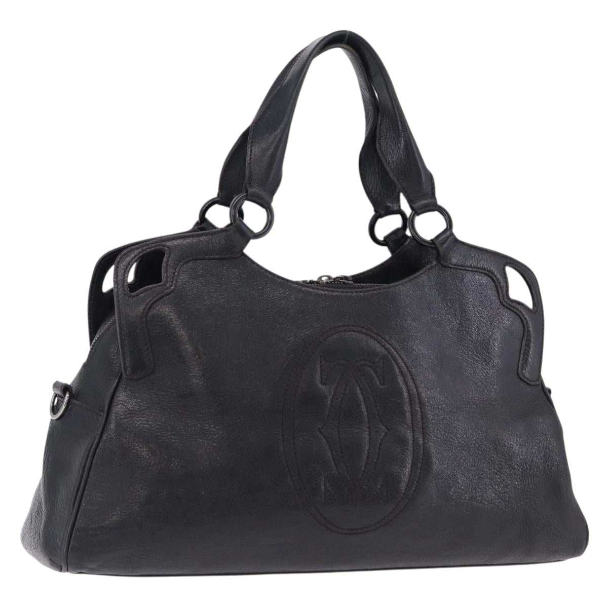 CARTIER Hand Bag Leather Black Silver Auth BA14473